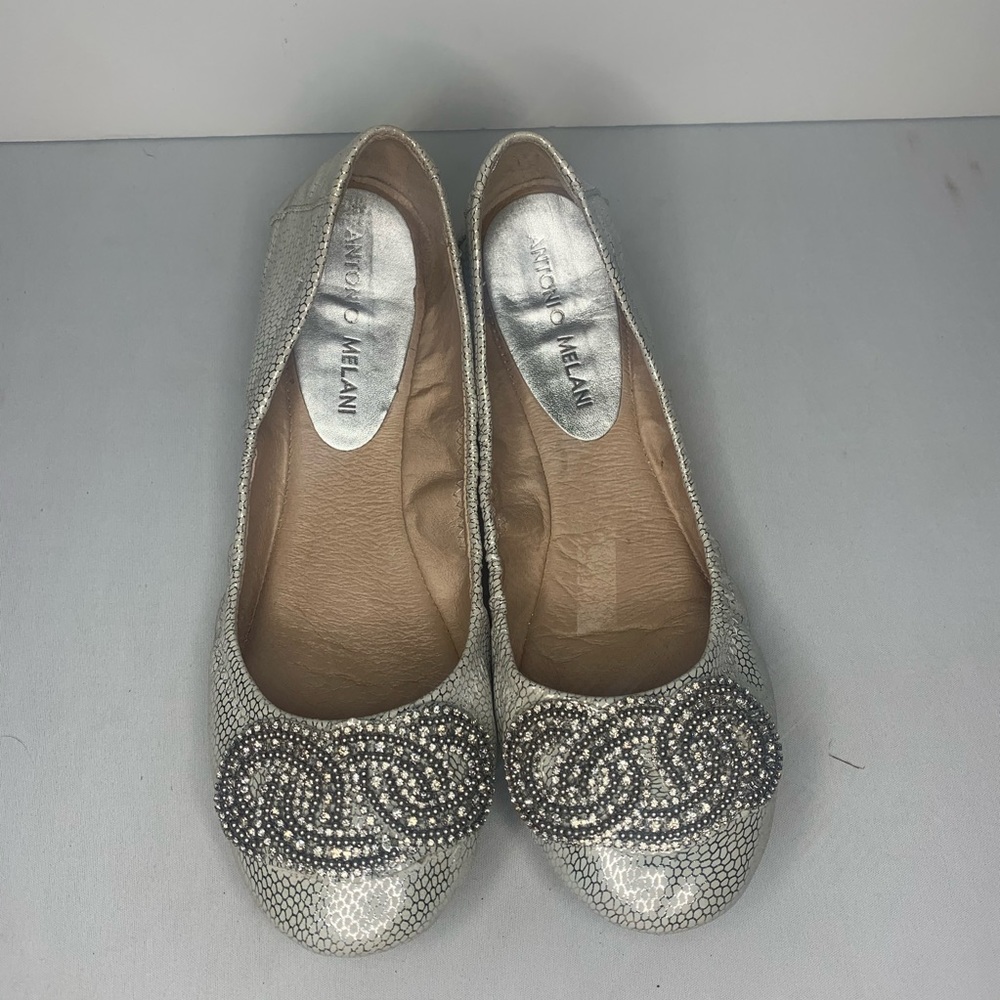 Antonio Melani silver flats with rhinestone decor